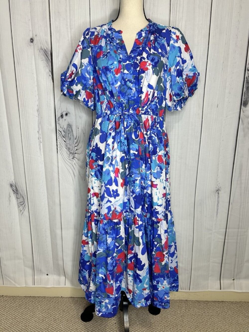 Sugarlips Floral Ginny Bubble Sleeve Midi Dress Sz M V-Neck Drawstring Waist